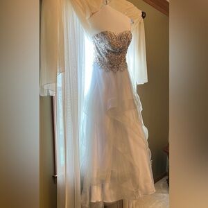 Terani Couture silver beaded and gray Strapless Prom Gown